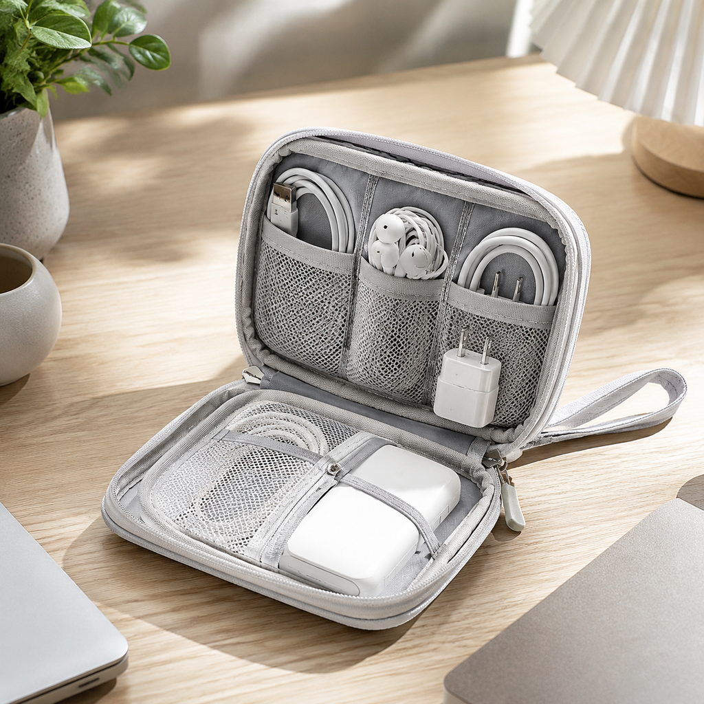 Open cable organizer interior showing mesh pockets elastic loops and tech accessories