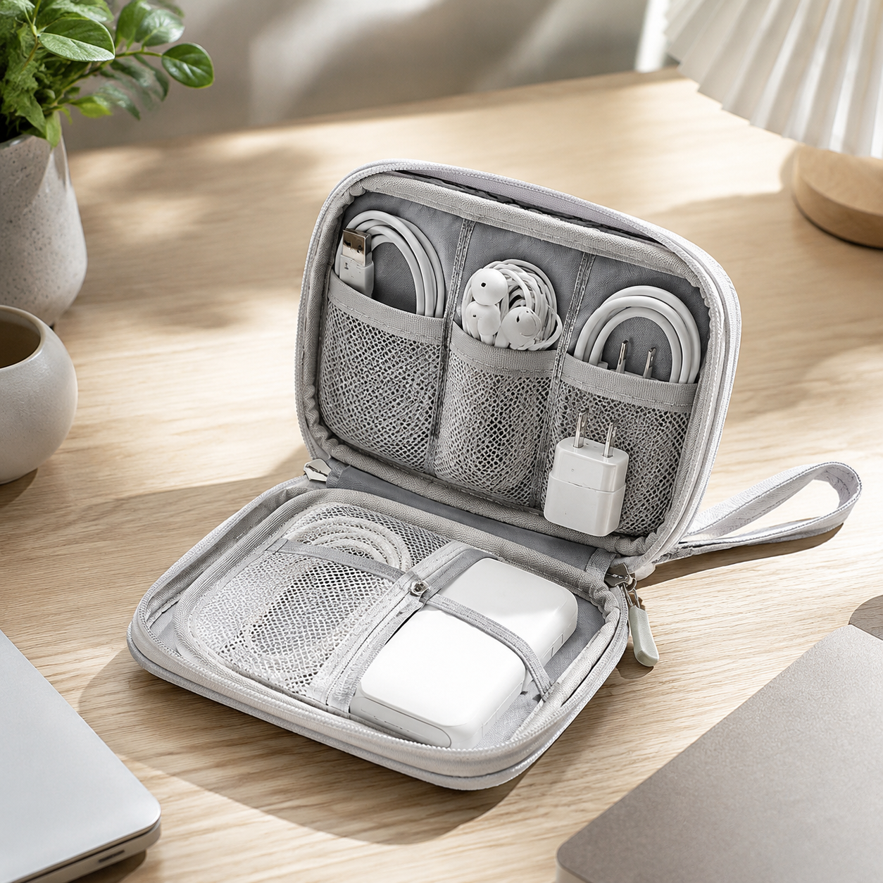 Open cable organizer interior showing mesh pockets elastic loops and tech accessories