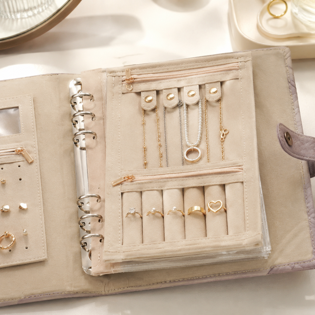 Open jewelry organizer book detail with ring strips pockets and necklace holders