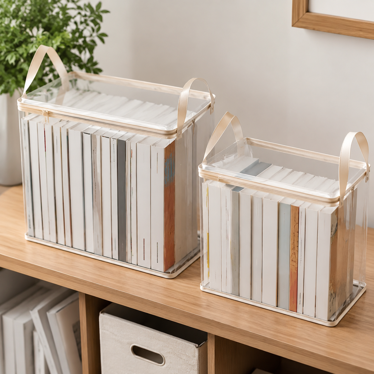 Clear PVC organizer bags in two sizes for books and files, new angle
