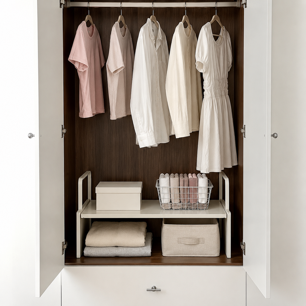 Closet shelf organizer used below hanging clothes for folded items