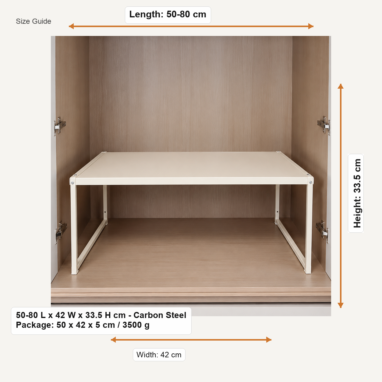 Size guide for 50-80 L x 42 W x 33.5 H cm - Carbon Steel