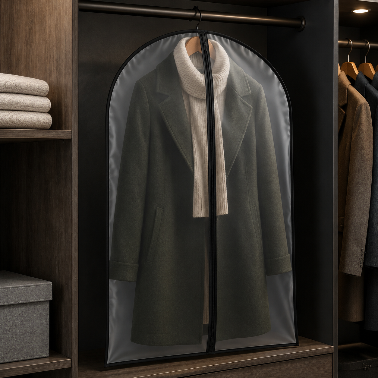 Black-edge zippered garment cover with green wool coat in a dark closet