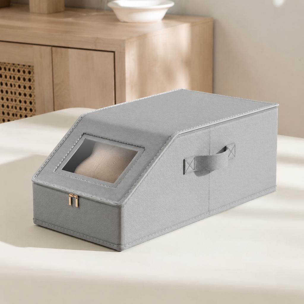 Closed light gray foldable baseball cap storage box product view