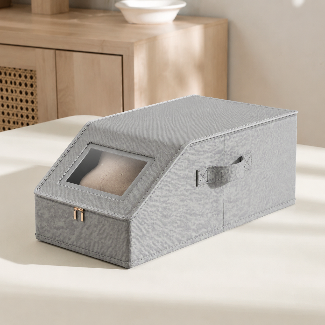 Closed light gray foldable baseball cap storage box product view