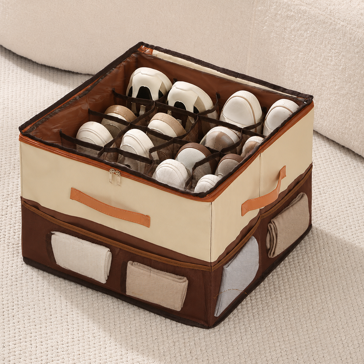 Coffee 16-slot shoe storage box with side pockets and natural shoes