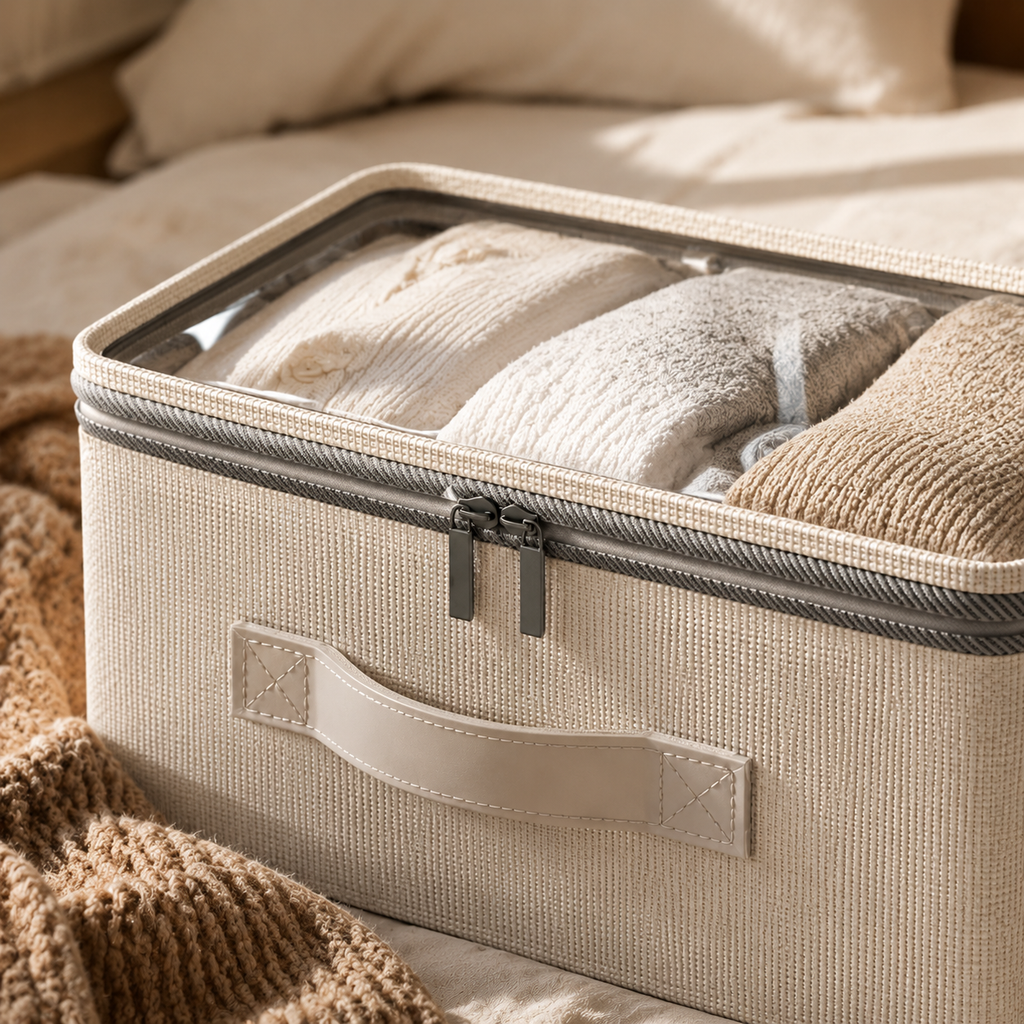 Close-up of linen fabric texture clear lid zipper and handle detail
