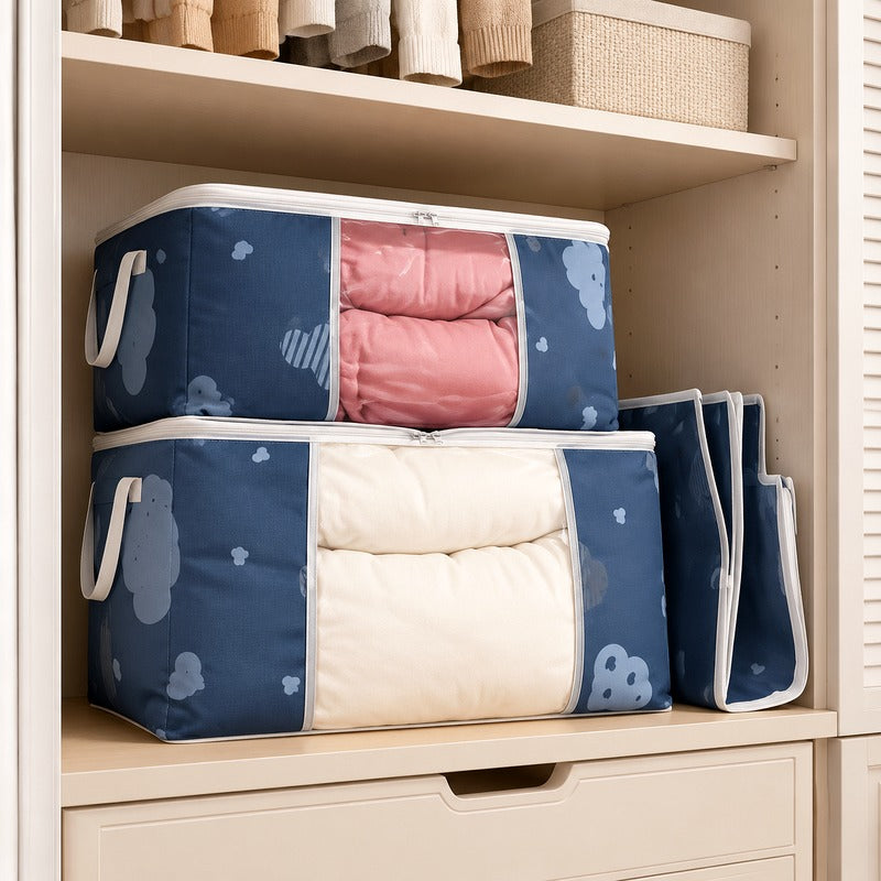 Navy Cloud Heart bedding storage bags stacked in open closet