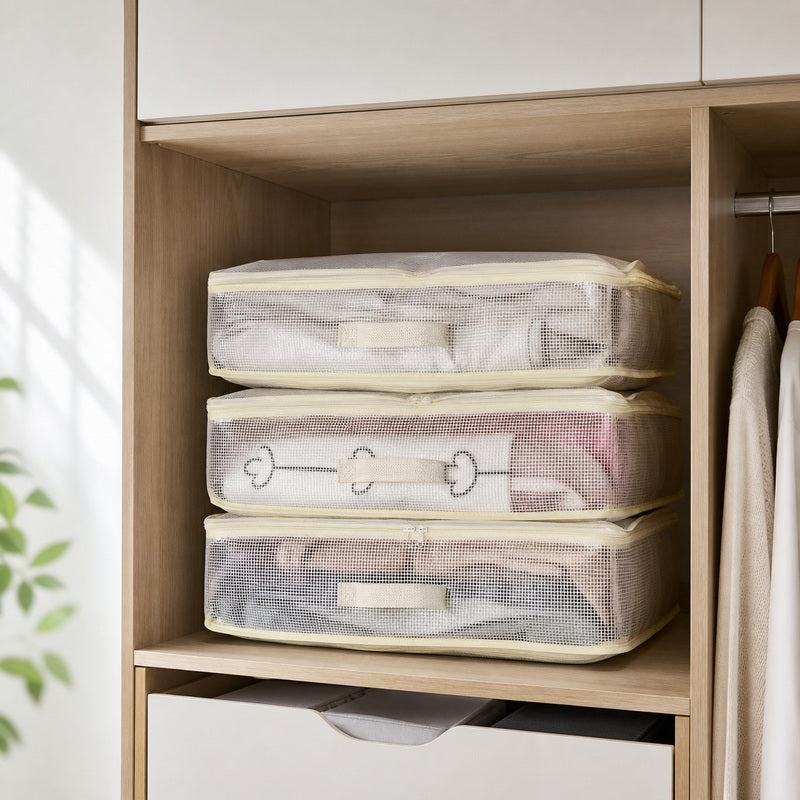Clear foldable bedding storage bags stacked in a modern wardrobe cubby