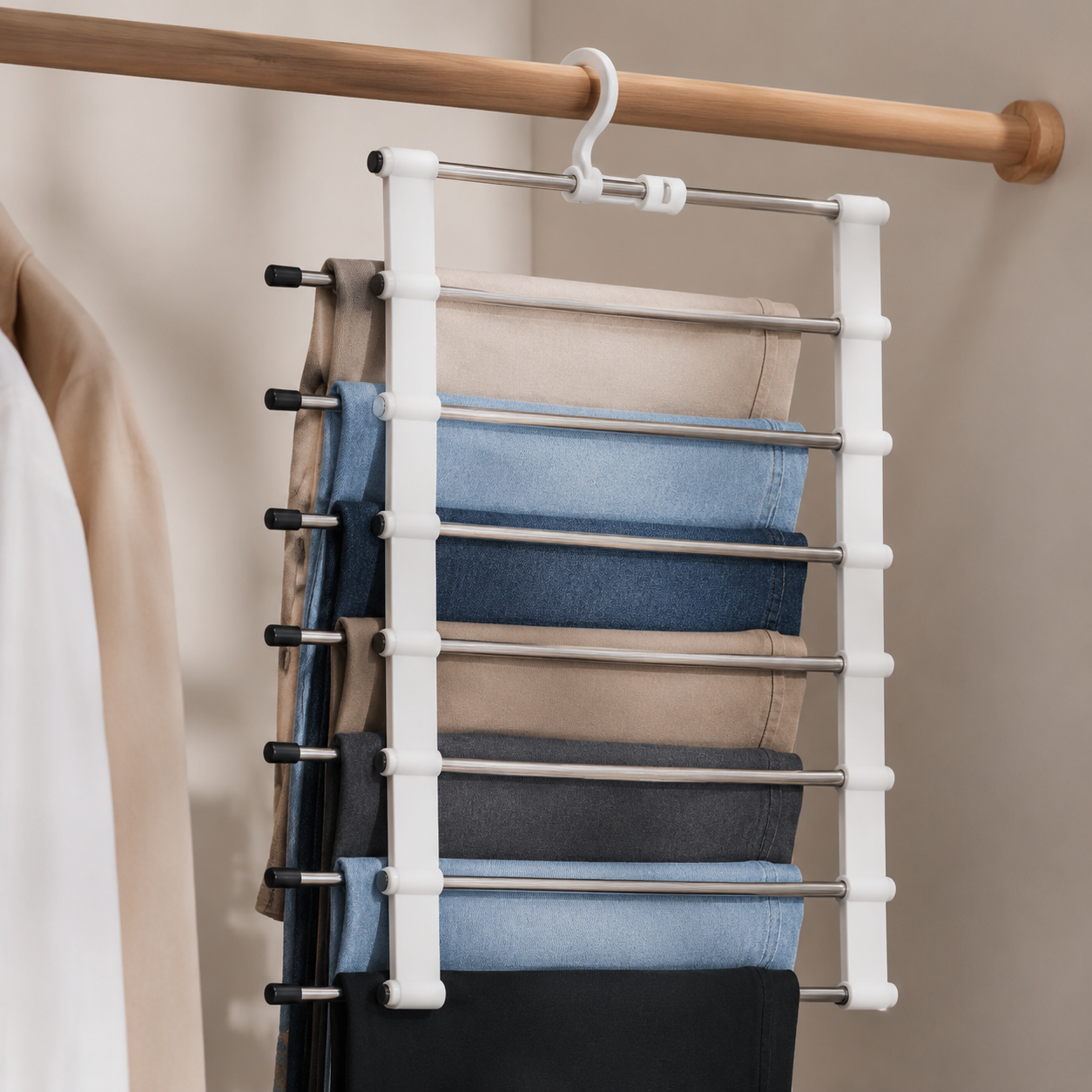 Load-bearing detail of multi-tier pants hanger with jeans