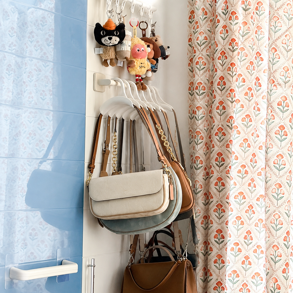 Wall organizer scene using white hooks for purses and accessories
