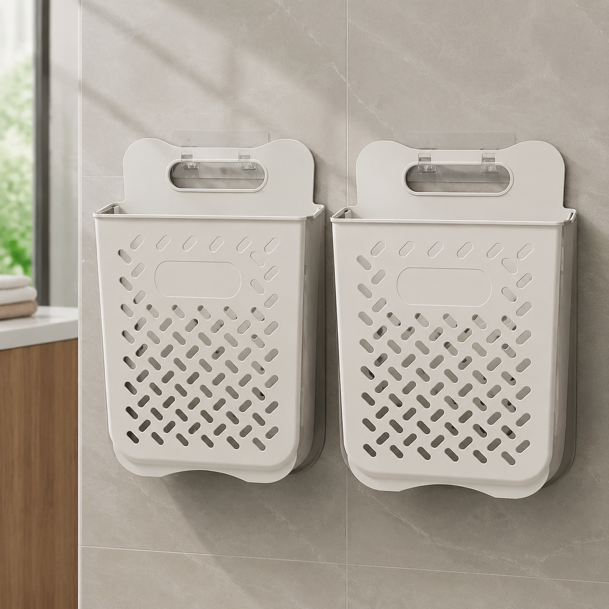 White gray two-pack large wall-mounted laundry baskets
