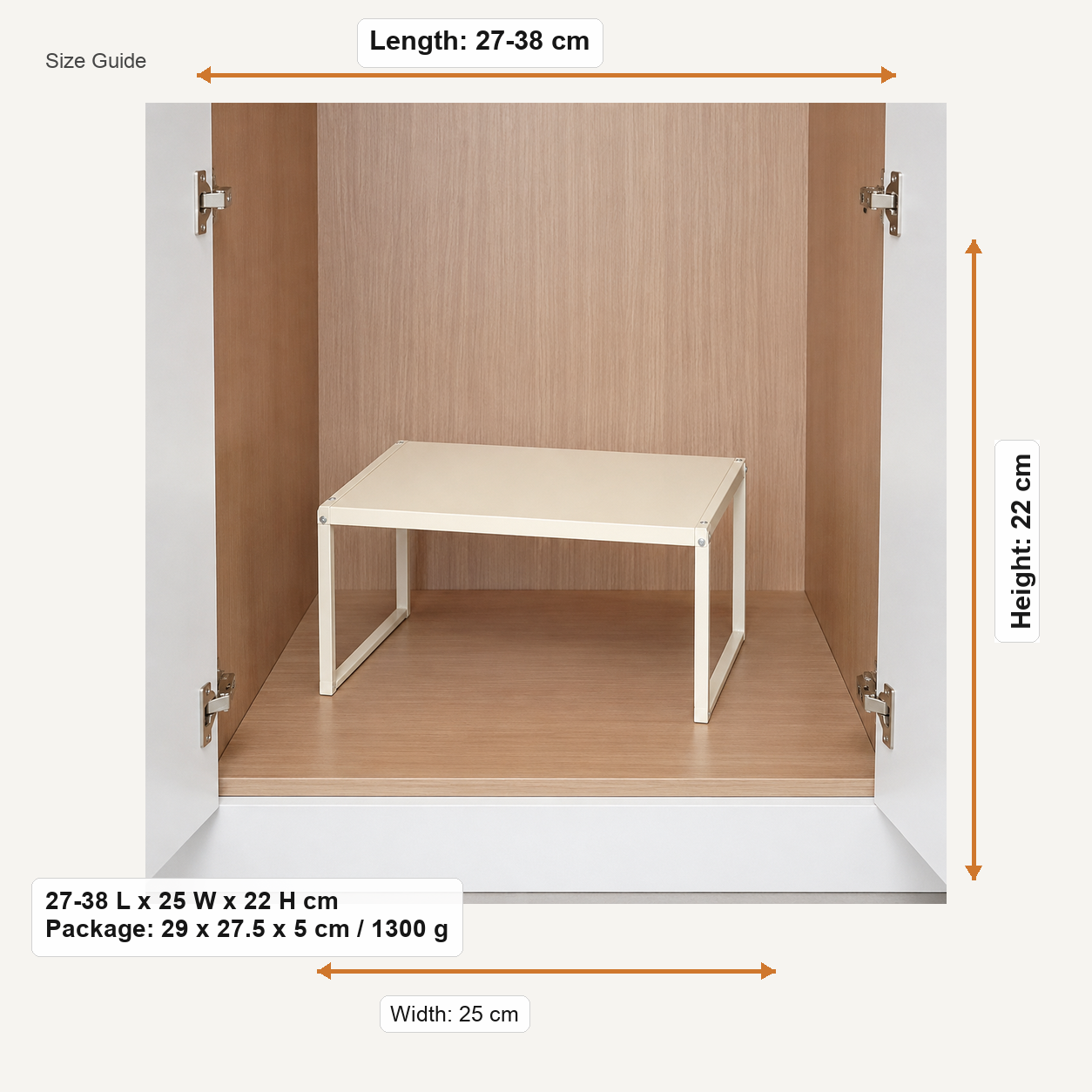 Size guide for 27-38 L x 25 W x 22 H cm