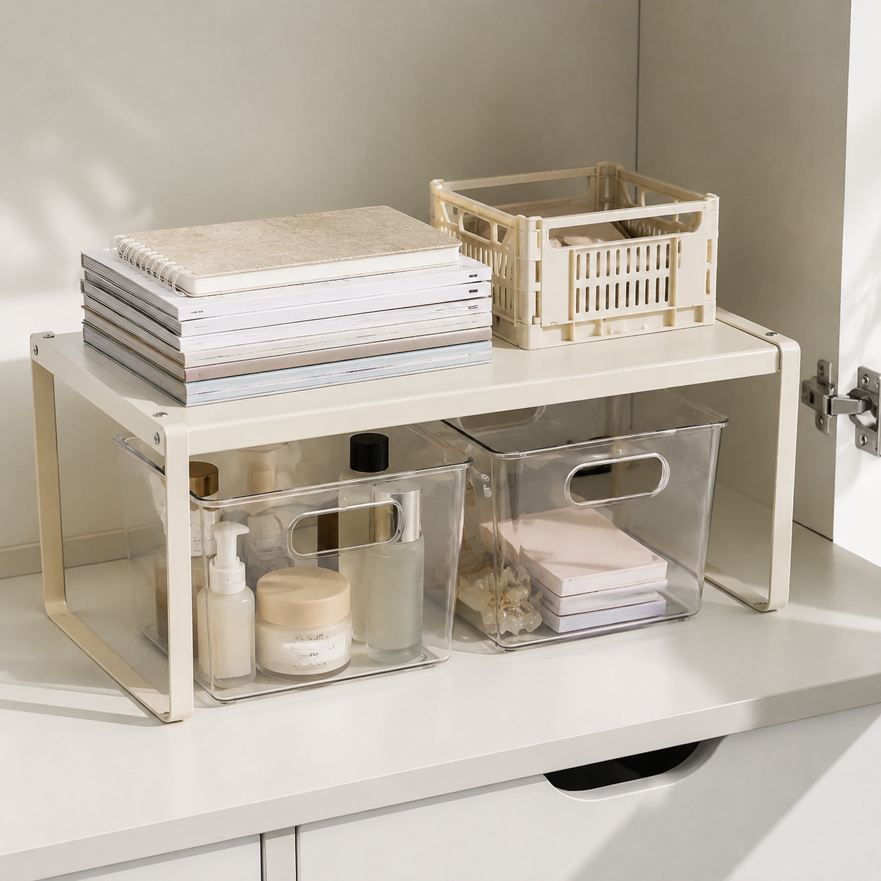 Adjustable shelf rack used on a desktop for books and small organizers