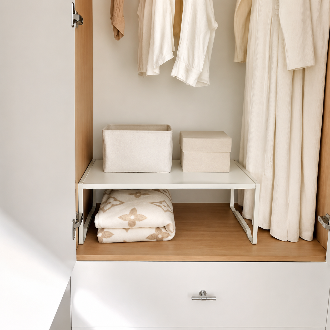 Closet shelf organizer for storage boxes folded blanket and everyday wardrobe items