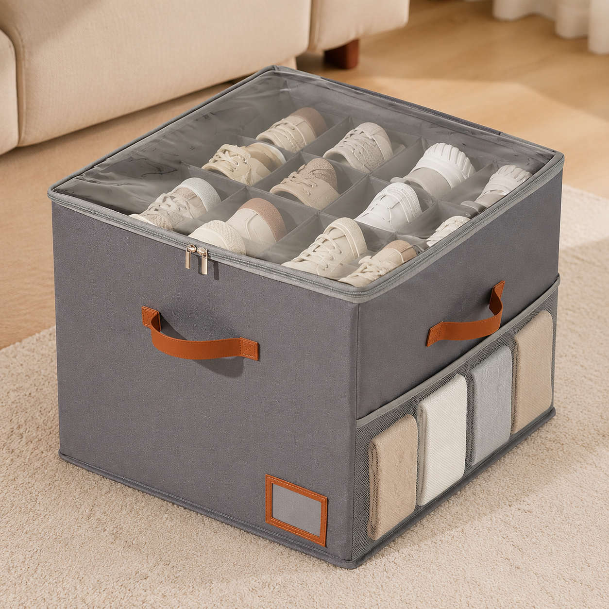 Grey upgraded shoe storage box with adjustable dividers and natural shoes