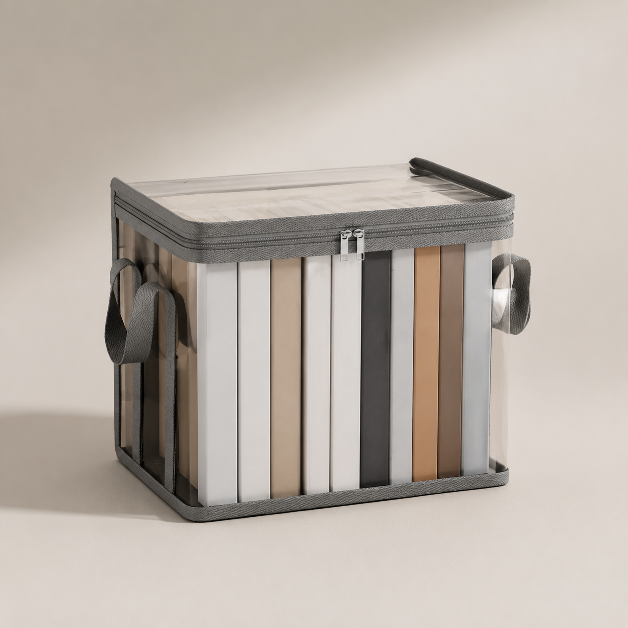 Small clear PVC book storage bag with gray trim