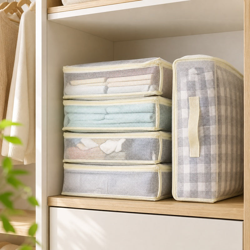 Stacked and upright clear bedding storage bags for flexible closet organization