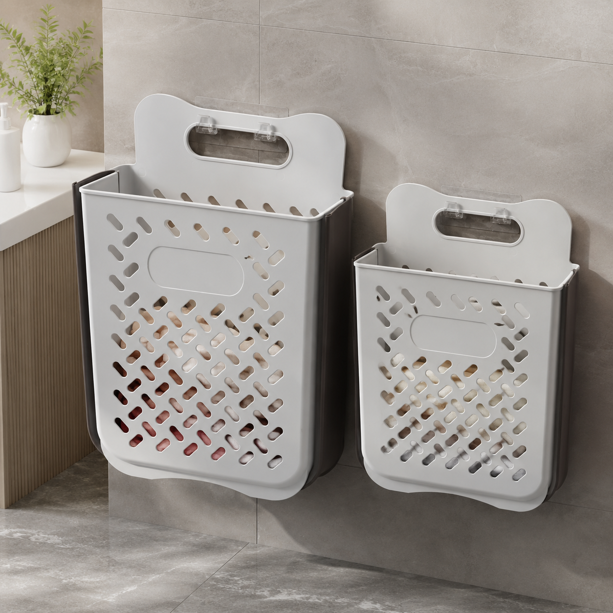 White gray two-pack large and extra large wall-mounted laundry baskets