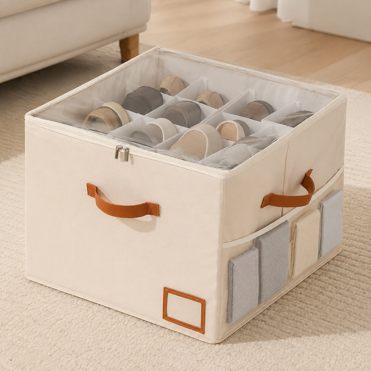 Beige upgraded shoe storage box with adjustable dividers and natural shoes
