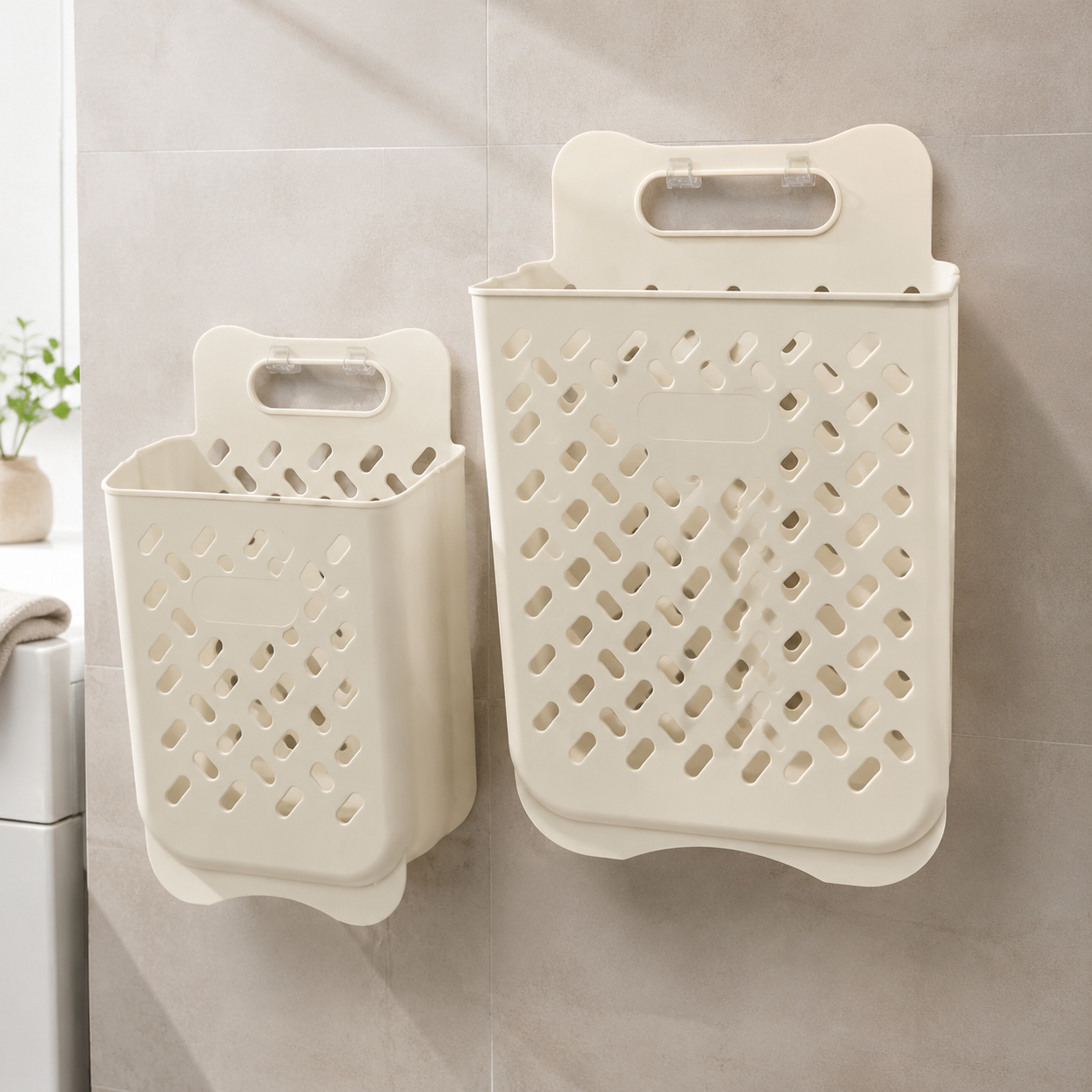 Cream white two-pack large and extra large wall-mounted laundry baskets