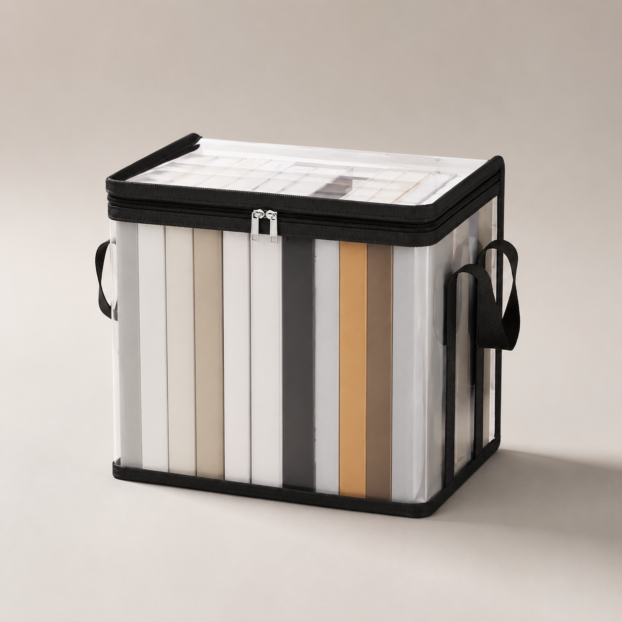 Small clear PVC book storage bag with black trim