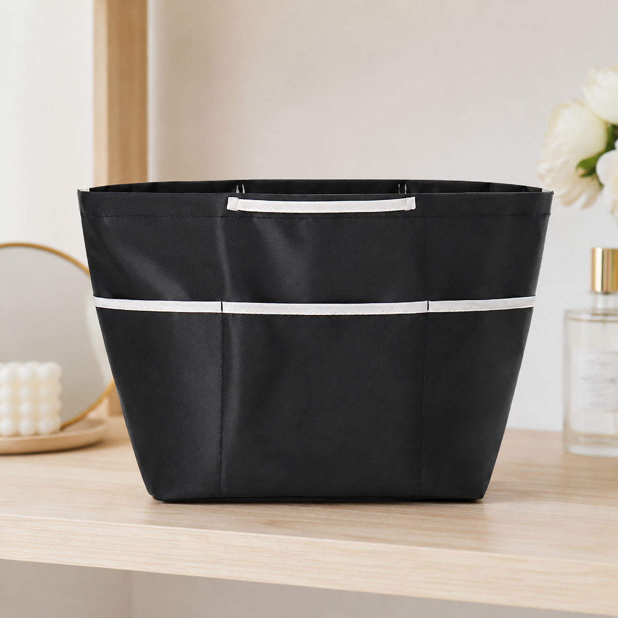 Large sealed black purse organizer insert with exterior pockets