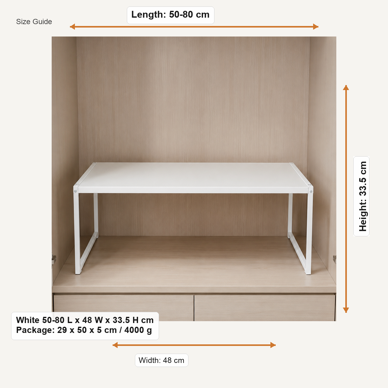 Size guide for White 50-80 L x 48 W x 33.5 H cm