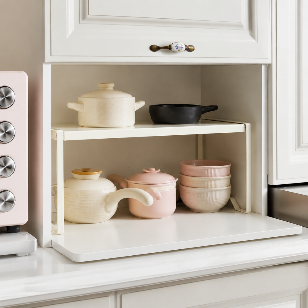 Adjustable shelf rack used inside a kitchen cabinet for teapots and bowls