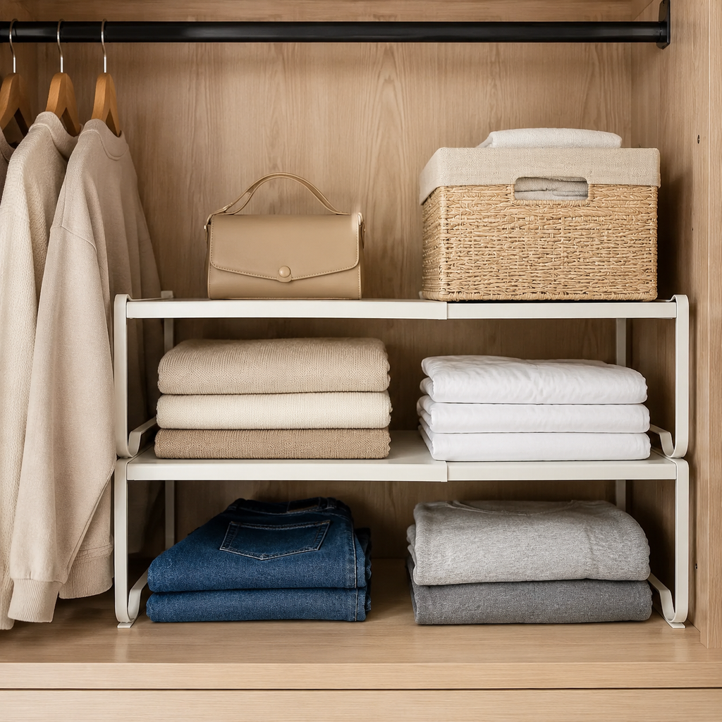 Closet shelf rack organizing folded clothes and towels