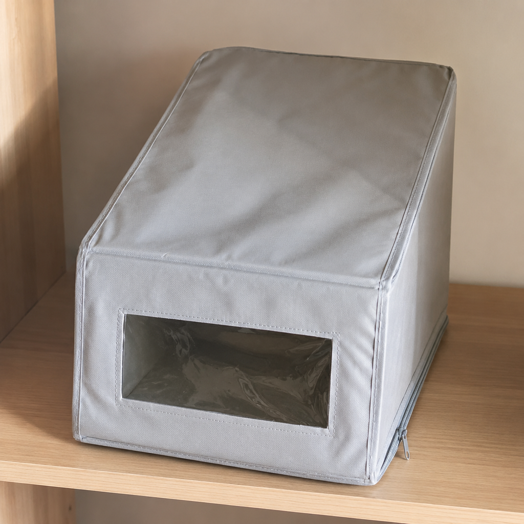 Top panel front window and stitched edge detail of the hat storage box
