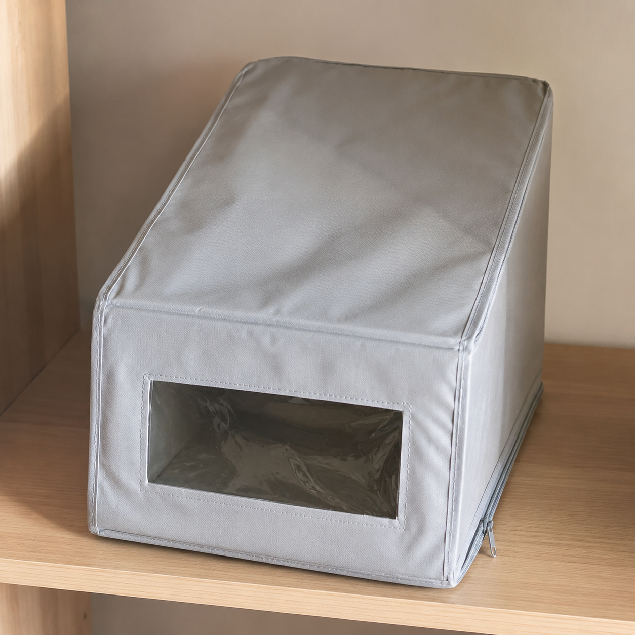 Top panel front window and stitched edge detail of the hat storage box
