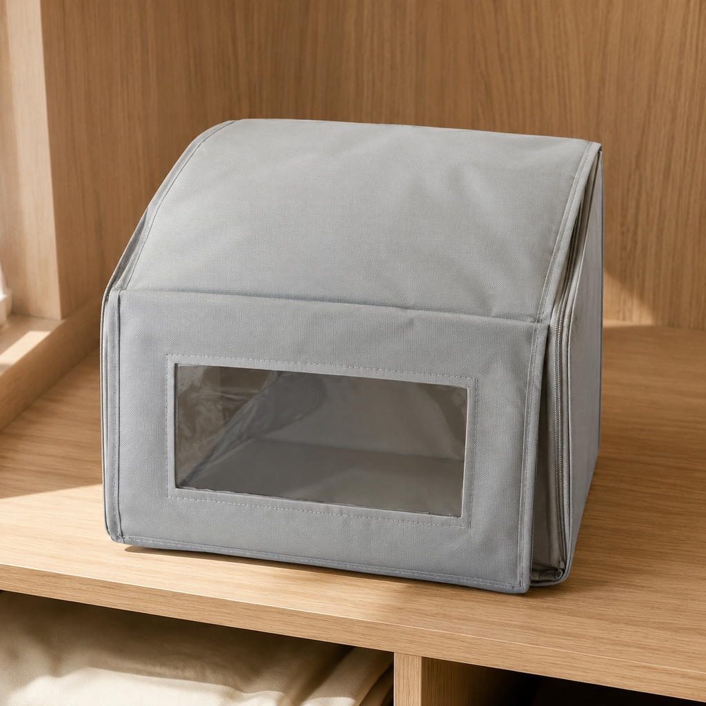 Closed empty hat storage box detail showing soft-sided construction