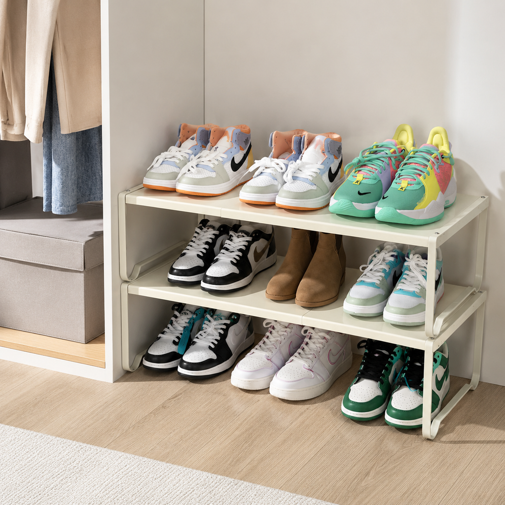 Adjustable shelf rack used as an entryway shoe organizer