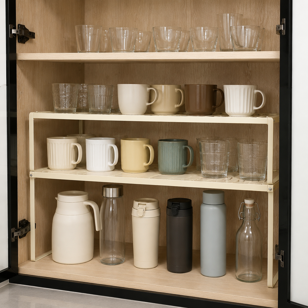 Adjustable shelf rack used inside a cup and glassware cabinet