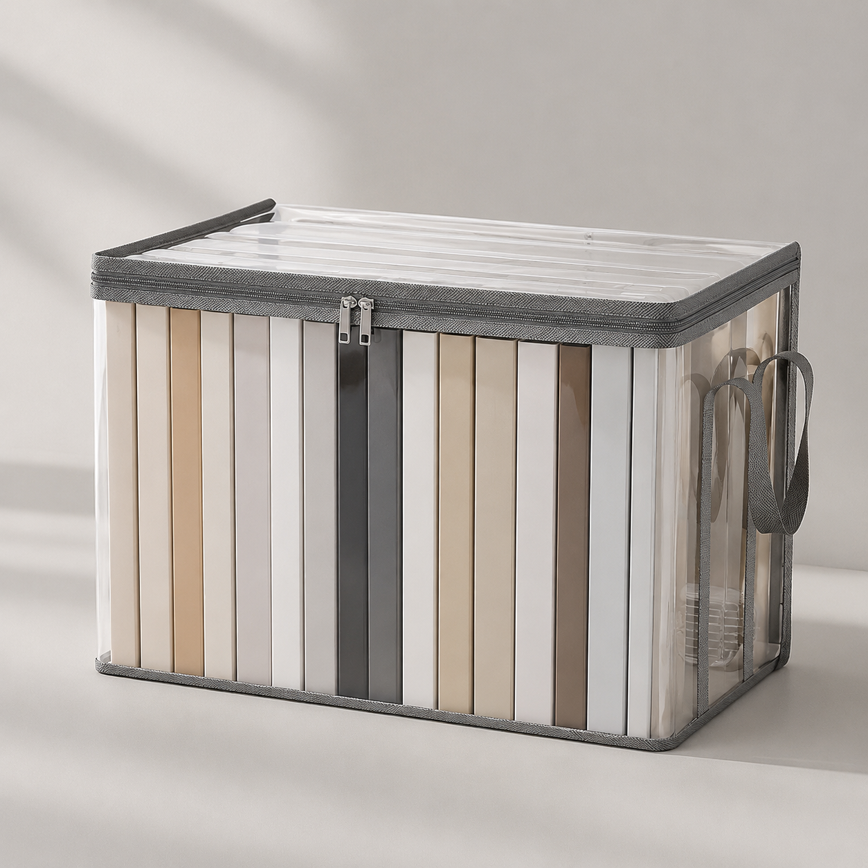 Large clear PVC file organizer bag with gray trim