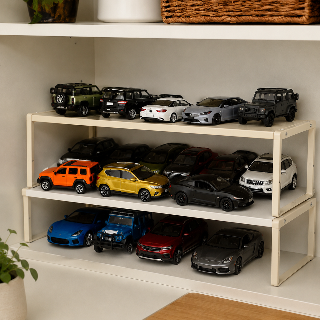 Adjustable shelf rack used as a compact display shelf