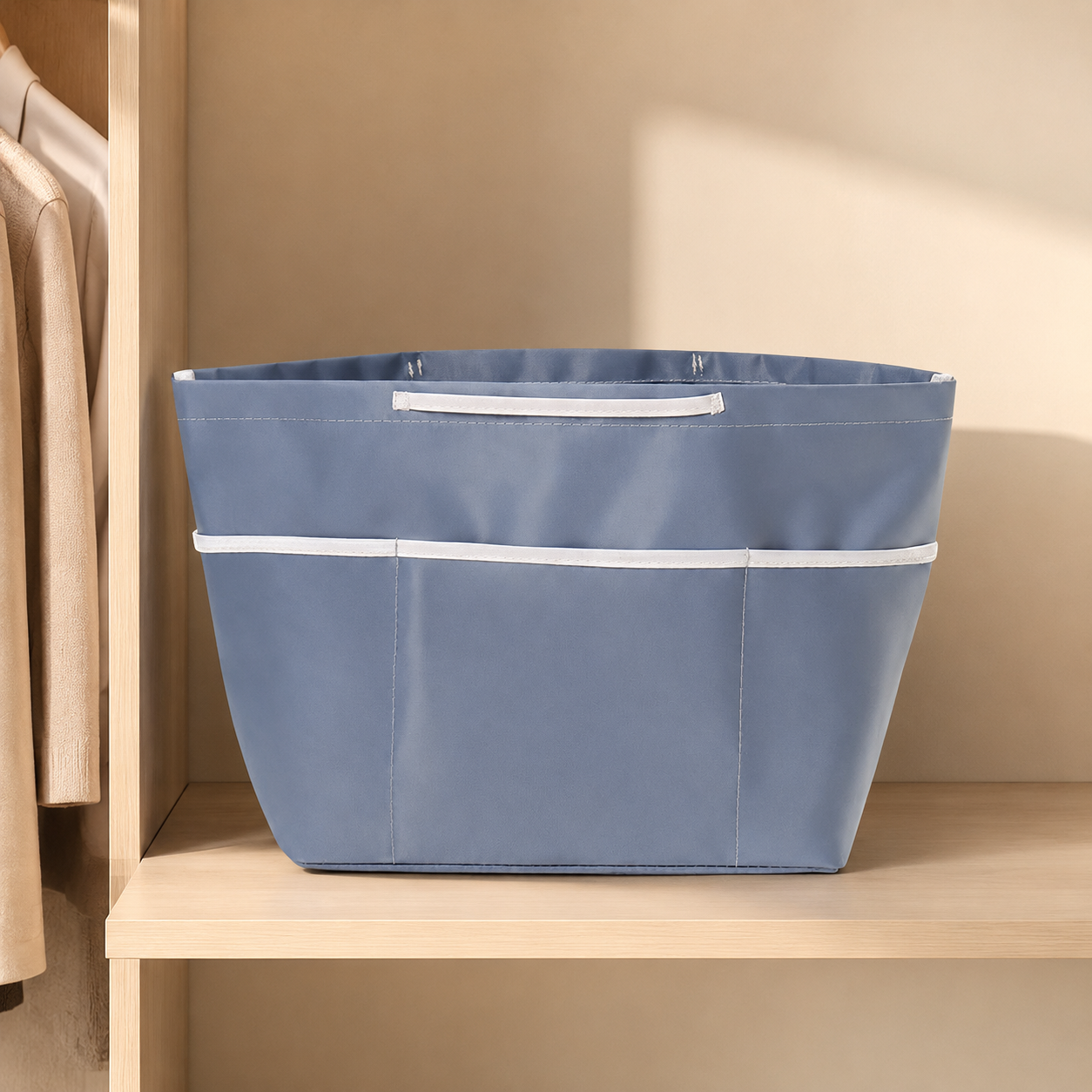 Large sealed blue gray purse organizer insert with exterior pockets