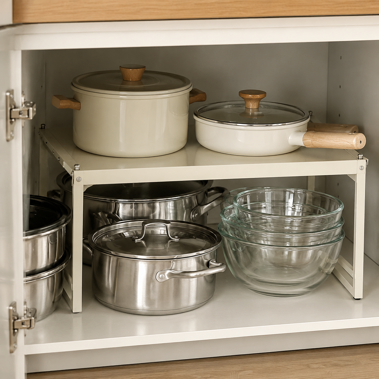 Adjustable shelf rack organizing cookware inside a cabinet