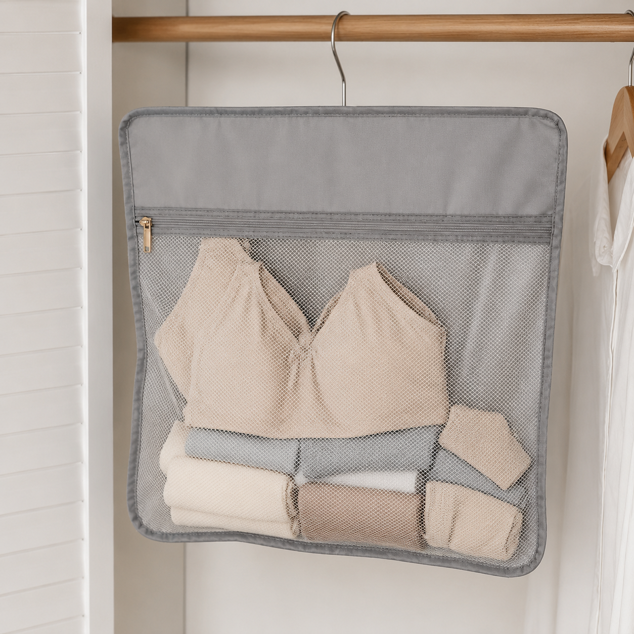 Hanging Closet Organizer with Zipper Pockets, Dorm Bedside Storage Bag for Underwear, Socks & Accessories