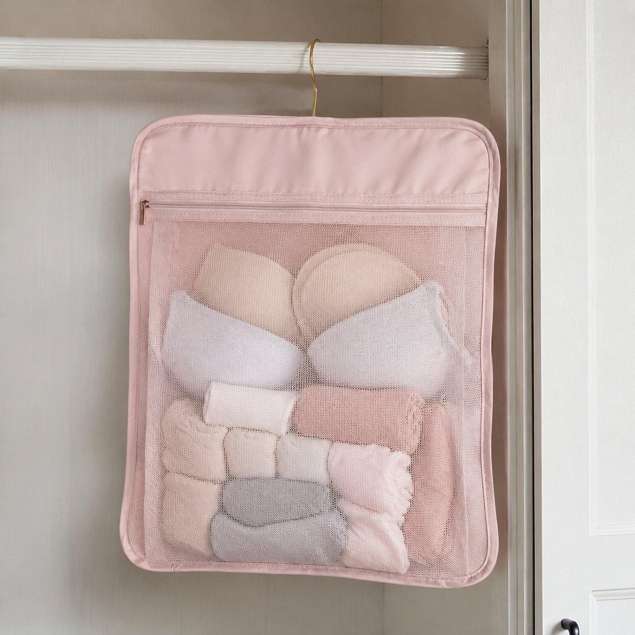 Hanging Closet Organizer with Zipper Pockets, Dorm Bedside Storage Bag for Underwear, Socks & Accessories