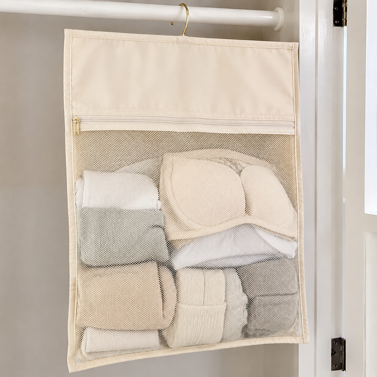 Hanging Closet Organizer with Zipper Pockets, Dorm Bedside Storage Bag for Underwear, Socks & Accessories