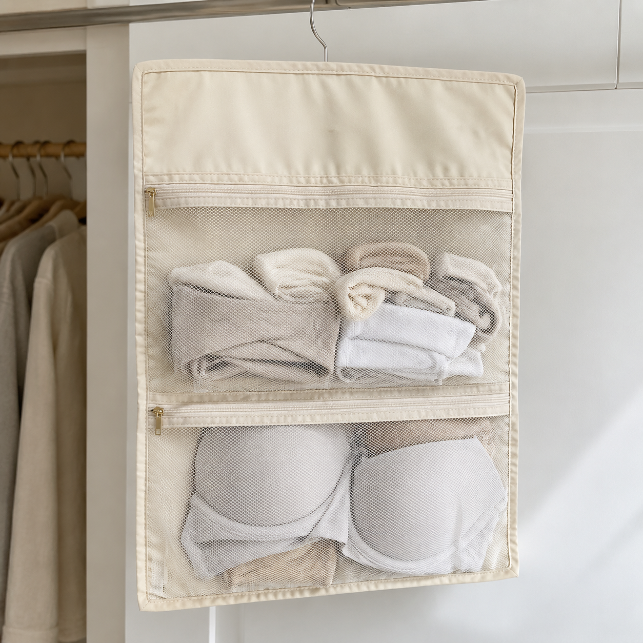 Hanging Closet Organizer with Zipper Pockets, Dorm Bedside Storage Bag for Underwear, Socks & Accessories