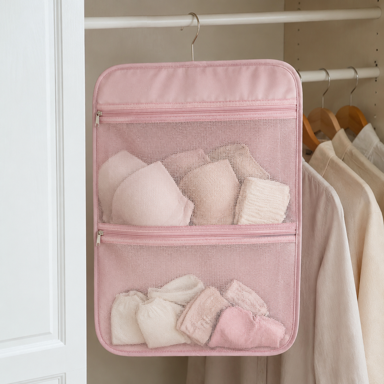 Hanging Closet Organizer with Zipper Pockets, Dorm Bedside Storage Bag for Underwear, Socks & Accessories