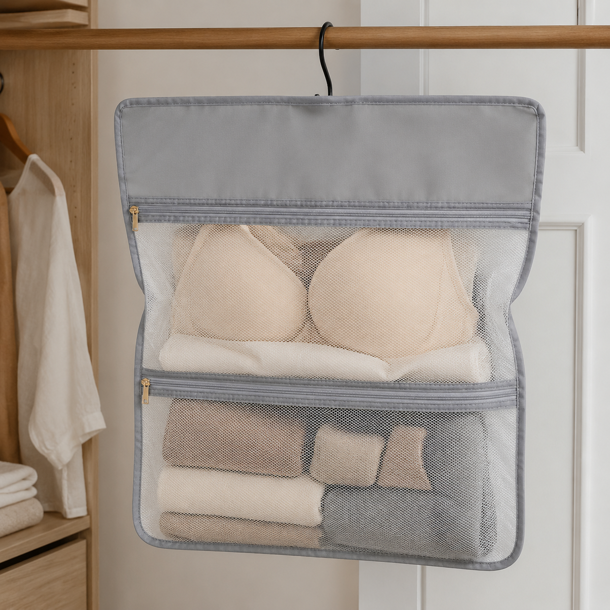 Hanging Closet Organizer with Zipper Pockets, Dorm Bedside Storage Bag for Underwear, Socks & Accessories