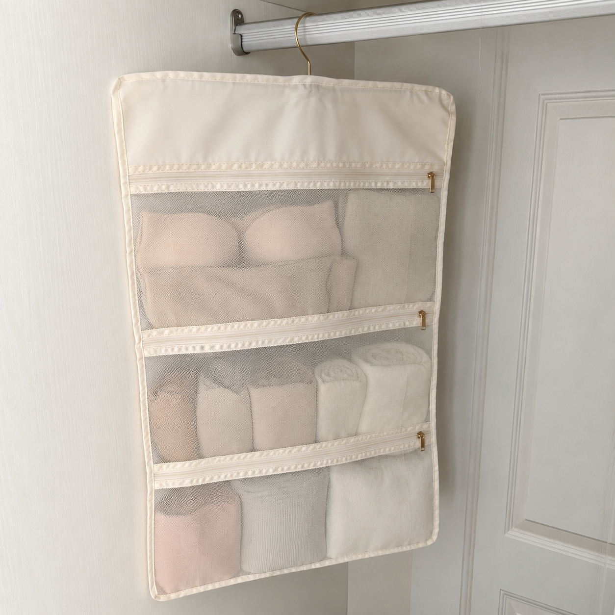 Hanging Closet Organizer with Zipper Pockets, Dorm Bedside Storage Bag for Underwear, Socks & Accessories