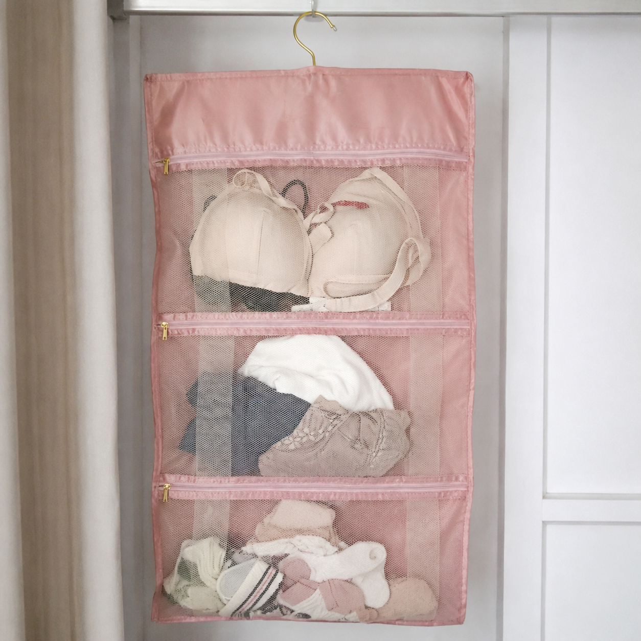 Hanging Closet Organizer with Zipper Pockets, Dorm Bedside Storage Bag for Underwear, Socks & Accessories
