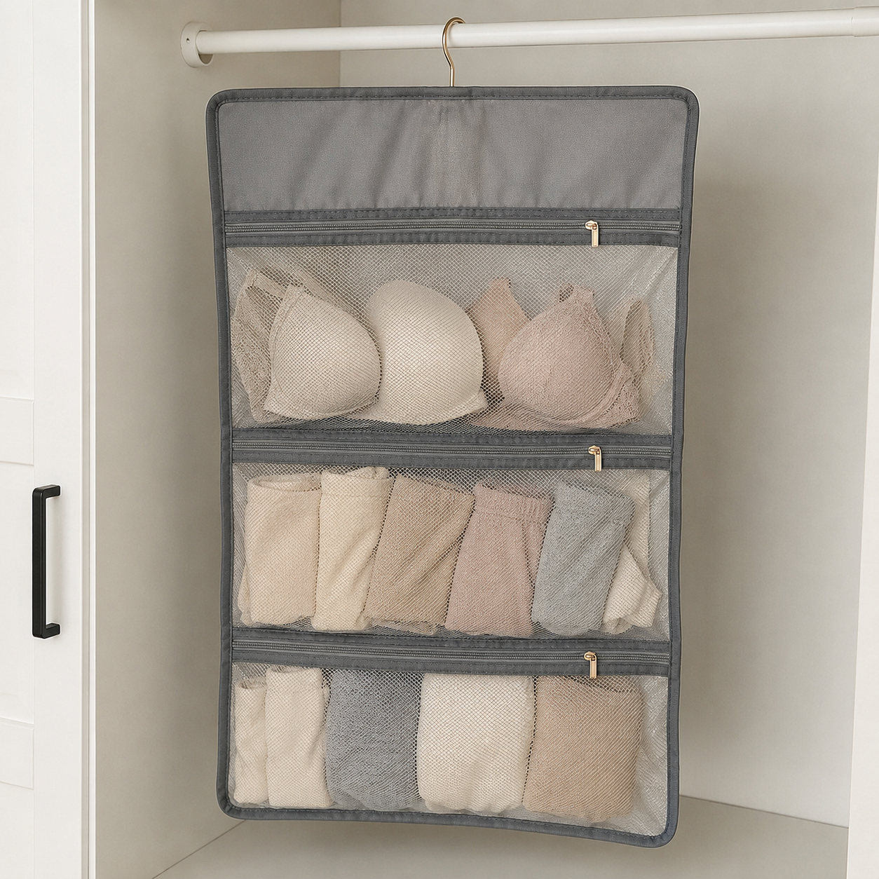 Hanging Closet Organizer with Zipper Pockets, Dorm Bedside Storage Bag for Underwear, Socks & Accessories