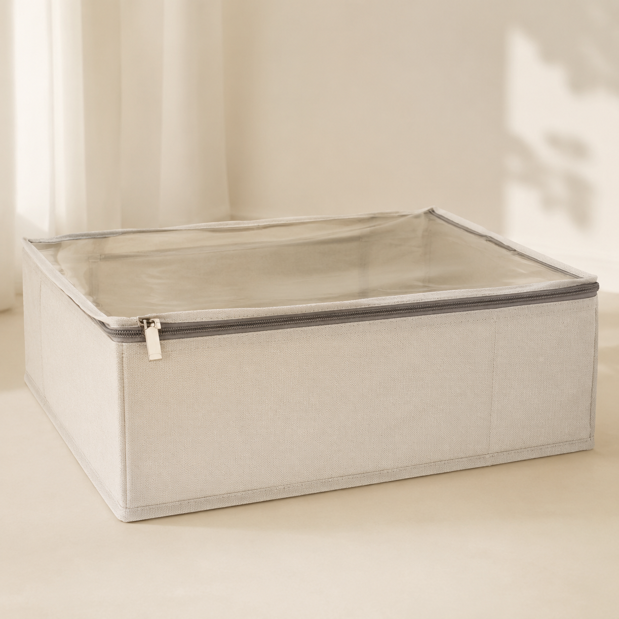 Clear-Top Linen Fabric Storage Box, Foldable Clothes Organizer Bin