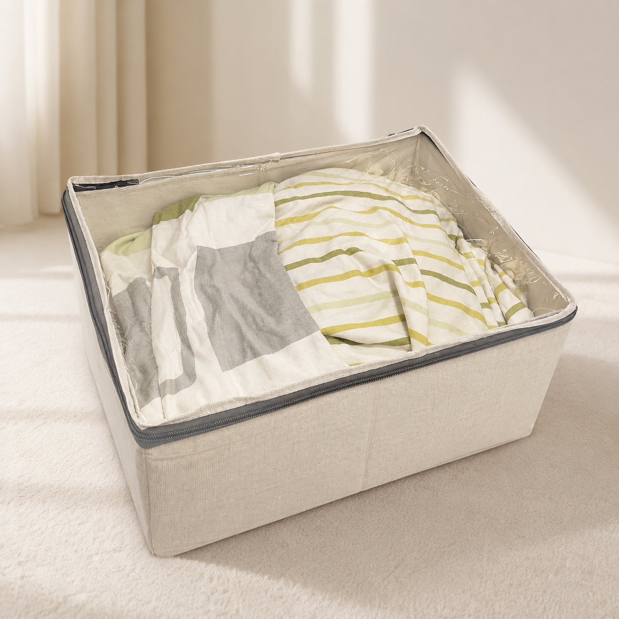 Clear-Top Linen Fabric Storage Box, Foldable Clothes Organizer Bin
